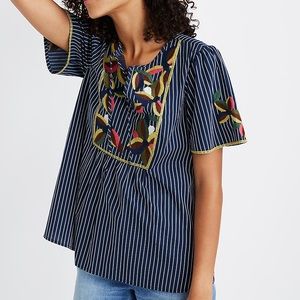 Madewell Striped Floral Embroidered Fable Top Size S